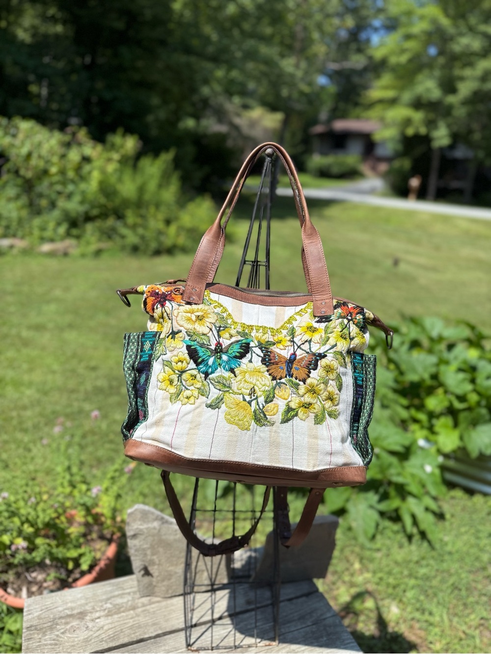 Butterfly & Floral Embroidered Canvas Tote/ convertible day bag
